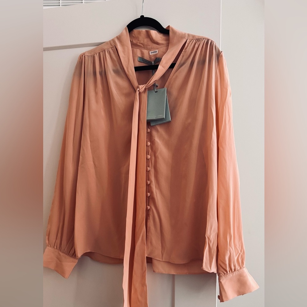 Olivia Palermo 100% Silk Soft Peach Button-Up Blouse with tie